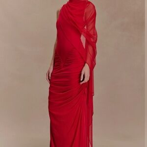 Meshki Amandine Ruched Slinky Maxi Dress - Ruby